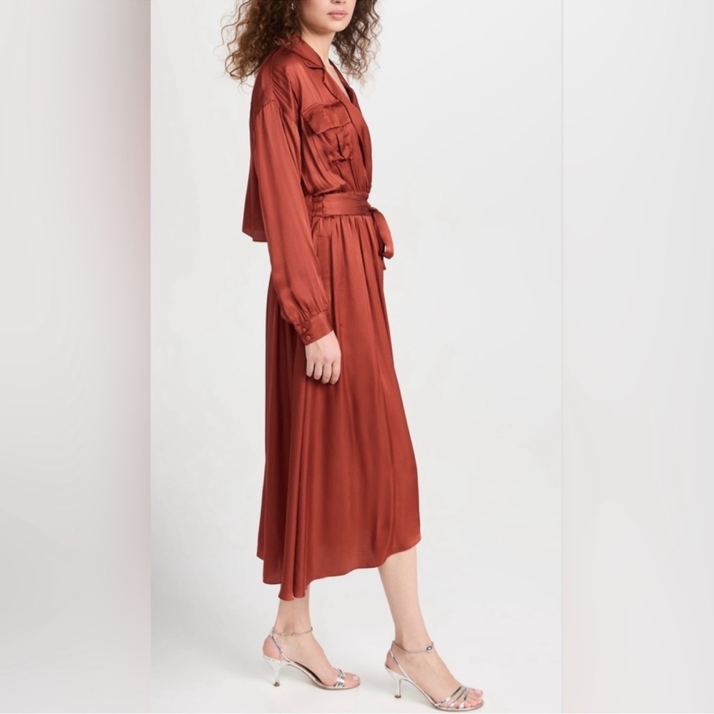 Misa Los Angeles Brown and Orange Midi Dress with Pleated Wrap Design